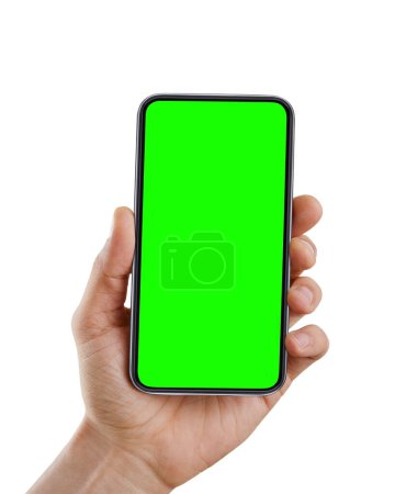 Téléchargez les photos : Male hand holding blank smart phone with a green screen isolated on white background - en image libre de droit