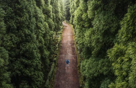 Vista de ángulo alto de un hombre solitario, caminando por el bosque, en un día lluvioso con espacio para copiar