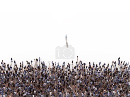 Téléchargez les photos : Concept Leader avec espace de copie. Vue en angle élevé d'une foule avec un homme debout devant le reste du groupe. 3d rendu - en image libre de droit