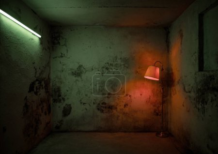 Téléchargez les photos : Vieille, salle de sous-sol vide grunge avec lampe élégante et espace de copie - en image libre de droit