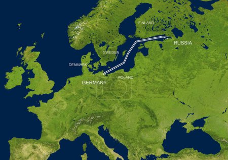 Foto de Nord Stream 1 and 2 on map, natural gas pipelines from Russia to Germany in Baltic Sea, graphic with satellite picture. Theme of energy crisis, Gazprom, Europe. Elements of image furnished by NASA - Imagen libre de derechos