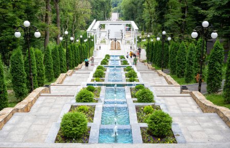 Cascade Stairs in summer, Stavropol Krai, Zheleznovodsk, Russia. Scenery of landscaped staircase with fountains and plants, historical landmark of Zheleznovodsk city. Travel, tourism and sightseeing.