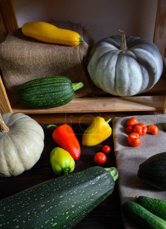 Photo for Vegetable marrow and pumpkins on wooden shelves at home, still life of organic food. Zucchini, sweet pepper and tomatoes in rustic interior. Harvest, thanksgiving, nature, farm and squash concept. - Royalty Free Image