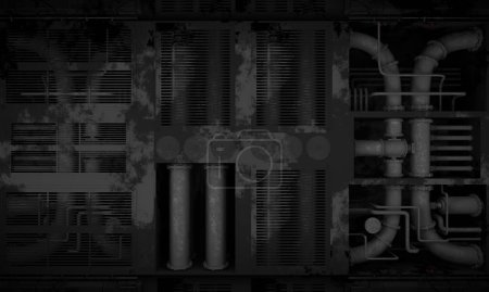 Abandonado con pasillo de rejilla tuberías de acero sala central en escena oscura 3d renderizado fondo de pantalla de ciencia ficción