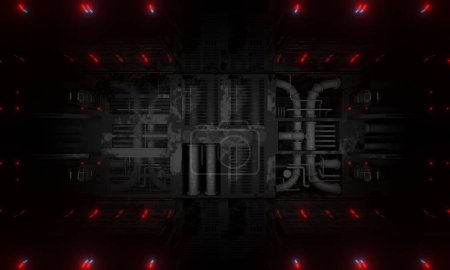 Abandonado con pasillo de rejilla sala central con tuberías en escena oscura 3d renderizado fondo de pantalla de ciencia ficción