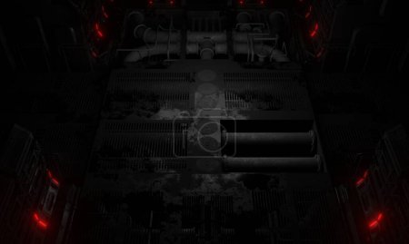 Central hall general base of operations abandoned with grating corridor with pipelines in dark scene 3d rendering sci-fi wallpaper background
