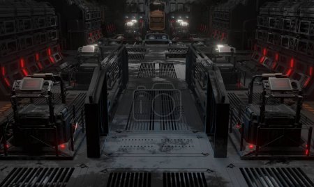 Sala central base general de operaciones abandonada con iluminación en escena oscura 3d renderizado fondo de pantalla de ciencia ficción