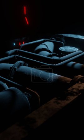 Close up pipe lines under floor in control room in dark scene 3d rendering science fiction wallpaper background