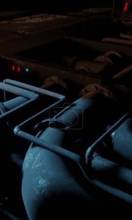 Línea de tuberías sala de control interior con iluminación azul en escena oscura 3d renderizado fondo de pantalla