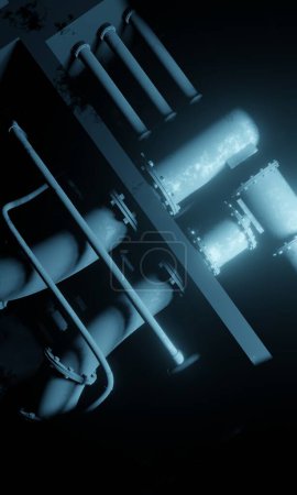 Líneas de tubería de acero bajo el suelo en la sala de control con iluminación azul 3d renderizado fondo de pantalla