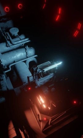 Rohrleitungen unter dem Boden mit roter und blauer Beleuchtung in dunkler Szene 3D-Rendering-Hintergrund