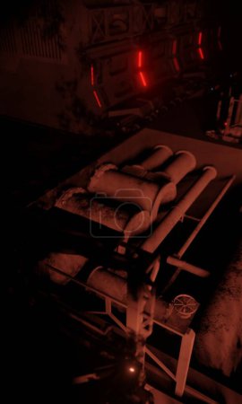 Rohrleitungen unter dem Boden mit roter Beleuchtung in dunkler Szene 3D-Rendering-Hintergrund