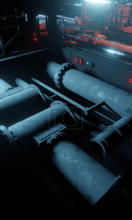 Verlassene Schaltraum-Innenraum mit Rohrleitung unter Boden Szene 3D-Rendering Sci-Fi-Hintergrund