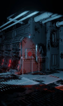Verlassene Schaltzentrale mit Beleuchtung und Rohrleitungen in dunklen Szene 3d rendern Science-Fiction-Hintergrund