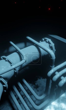 Stahlrohrleitungen unter dem Boden im Flur 3D-Rendering Sci-Fi-Hintergrund