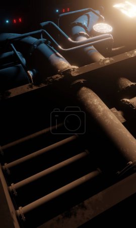 View of steel pipe lines in dark scene 3d rendering science fiction wallpaper background