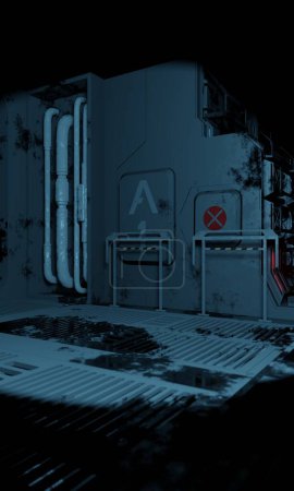 Das Wandpanel im Schaltraum in dunkler Szene 3D-Rendering-Sci-Fi-Hintergrund