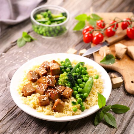 Photo for Fried tofu with soy sauce and sesam,  vegetables - Royalty Free Image
