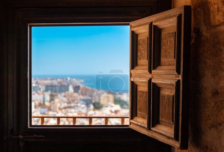 Téléchargez les photos : Open window to panoramic city landscape view- Almeria in Spain - en image libre de droit