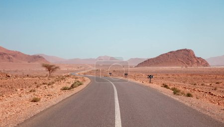 Foto de Camino de asfalto en el paisaje del desierto en Marruecos Viajar, safari, aventura extrema en África - Imagen libre de derechos