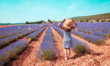 Téléchargez les photos : Tour tourisme en Provence- Femme en robe et chapeau en France - en image libre de droit