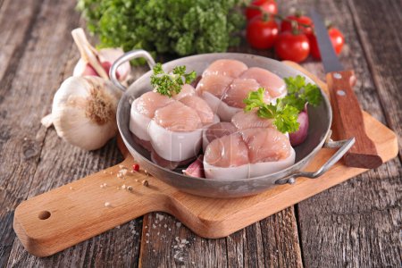 Photo for Raw veal meat fillet with ingredient on wooden  board - Royalty Free Image