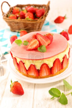 Photo for French strawberry cake Fraisier on wood background - Royalty Free Image
