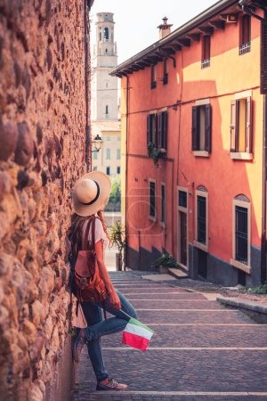 Photo for Verona, Italy- Traveler female looking at city landscape view - Royalty Free Image