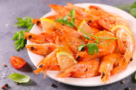 Photo for Hleahty diet food,  boiled shrimp on plate - Royalty Free Image