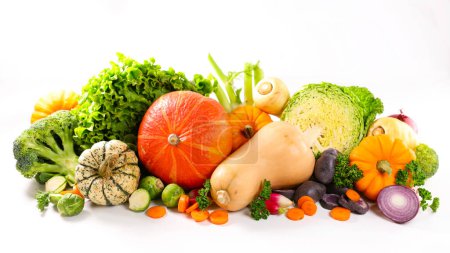 Téléchargez les photos : Légumes crus frais ingérants- citrouille, noyer cendré, brocoli, carotte, chou-fleur isolé sur fond blanc - en image libre de droit