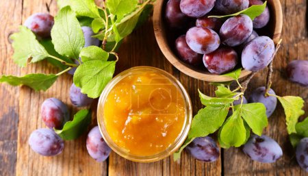 Photo for Jar of organic plum jam - Royalty Free Image