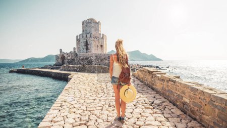 Photo for Woman tourist in Greece, Pelonnese, Messinia- the Methoni fortresse- travel, tour tourism,vacation - Royalty Free Image