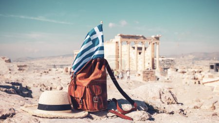 Photo for Travel destination, tour tourism, vacation in Greece- Greek flag and bag in Parthenon, Athens - Royalty Free Image