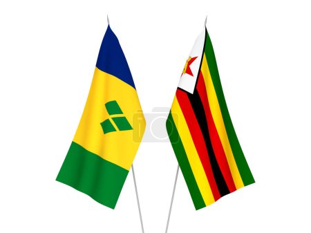 Foto de Banderas nacionales de tela de Zimbabwe y San Vicente y las Granadinas aisladas sobre fondo blanco. Ilustración de representación 3d. - Imagen libre de derechos