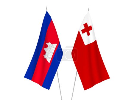 National fabric flags of Kingdom of Tonga and Kingdom of Cambodia isolated on white background. 3d rendering illustration.