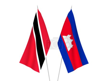 National fabric flags of Republic of Trinidad and Tobago and Kingdom of Cambodia isolated on white background. 3d rendering illustration.
