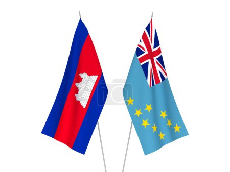 National fabric flags of Tuvalu and Kingdom of Cambodia isolated on white background. 3d rendering illustration.