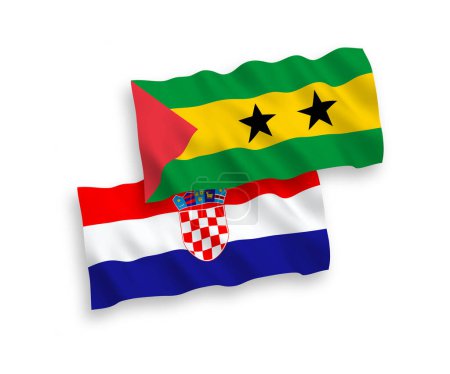 Illustration for National vector fabric wave flags of Saint Thomas and Prince and Croatia isolated on white background. 1 to 2 proportion. - Royalty Free Image