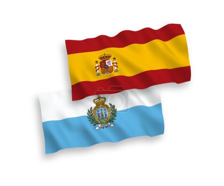 Ilustración de Banderas nacionales de onda vectorial de San Marino y España aisladas sobre fondo blanco. Proporción de 1 a 2. - Imagen libre de derechos
