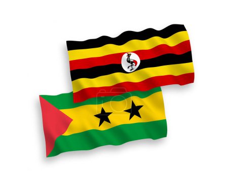 Illustration for National vector fabric wave flags of Saint Thomas and Prince and Uganda isolated on white background. 1 to 2 proportion. - Royalty Free Image