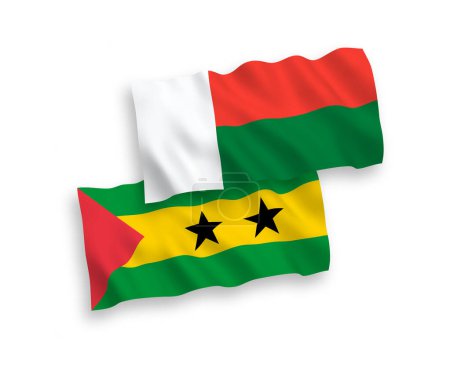 Téléchargez les illustrations : Drapeaux nationaux en tissu vectoriel de Saint Thomas et Prince et Madagascar isolés sur fond blanc. 1 à 2 proportion. - en licence libre de droit
