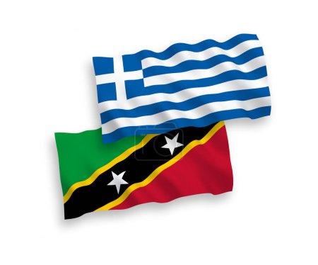 Ilustración de Banderas nacionales de ondas vectoriales de Grecia y Federación de San Cristóbal y Nieves aisladas sobre fondo blanco. Proporción de 1 a 2. - Imagen libre de derechos