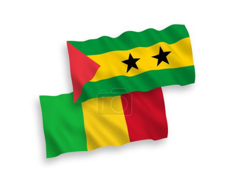 Illustration for National vector fabric wave flags of Saint Thomas and Prince and Mali isolated on white background. 1 to 2 proportion. - Royalty Free Image