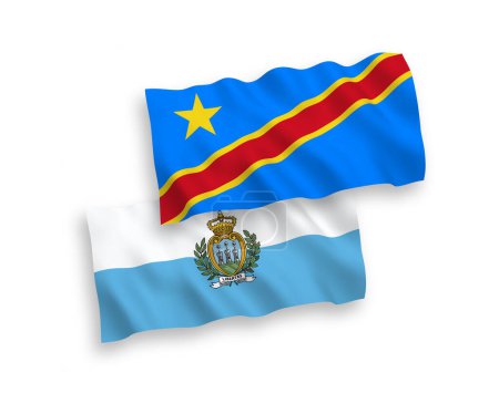Ilustración de Banderas nacionales de onda vectorial de San Marino y República Democrática del Congo aisladas sobre fondo blanco. Proporción de 1 a 2. - Imagen libre de derechos