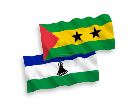 Téléchargez les illustrations : Drapeaux nationaux en tissu vectoriel de Saint Thomas et Prince et Lesotho isolés sur fond blanc. 1 à 2 proportion. - en licence libre de droit