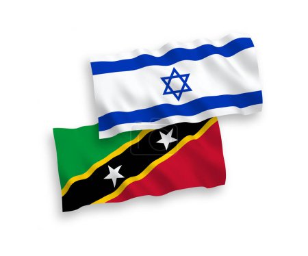 Ilustración de Banderas nacionales de ondas de tejido vectorial de la Federación de San Cristóbal y Nieves e Israel aisladas sobre fondo blanco. Proporción de 1 a 2. - Imagen libre de derechos