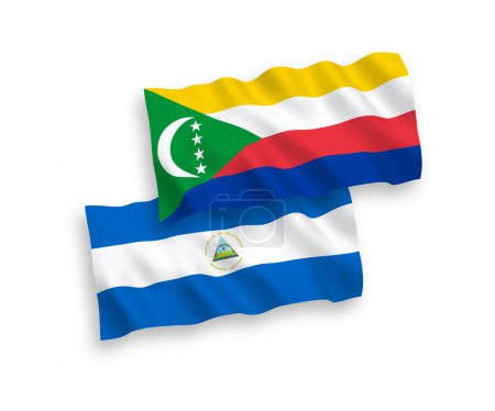 Téléchargez les illustrations : National vector fabric wave flags of Nicaragua and Union of the Comoros isolated on white background. 1 to 2 proportion. - en licence libre de droit
