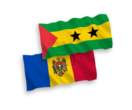 Illustration for National vector fabric wave flags of Saint Thomas and Prince and Moldova isolated on white background. 1 to 2 proportion. - Royalty Free Image