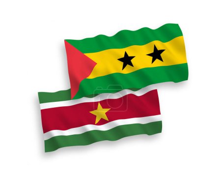 Illustration for National vector fabric wave flags of Saint Thomas and Prince and Republic of Suriname isolated on white background. 1 to 2 proportion. - Royalty Free Image