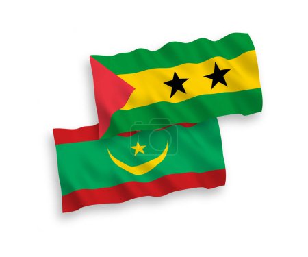 Illustration for National vector fabric wave flags of Saint Thomas and Prince and Islamic Republic of Mauritania isolated on white background. 1 to 2 proportion. - Royalty Free Image